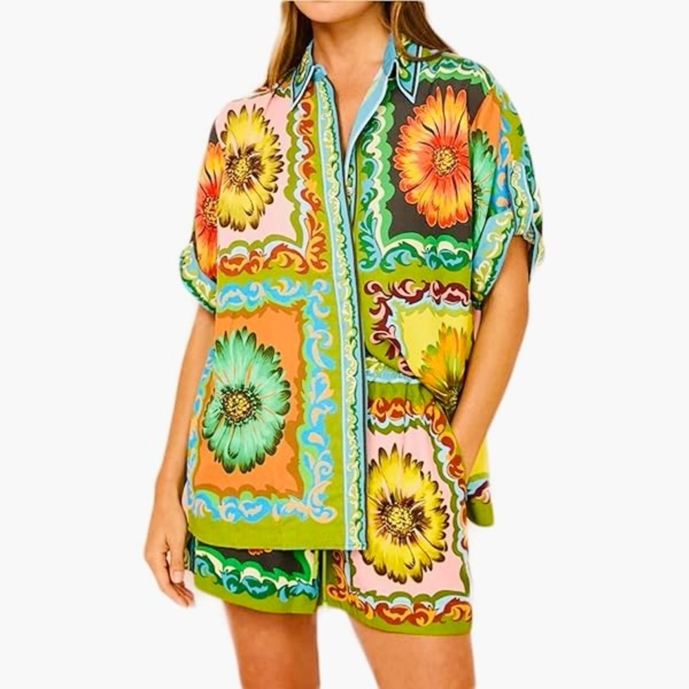 Disco Daisy Floral Patchwork Top Short Sleeve Button Up Shirt like Alemais